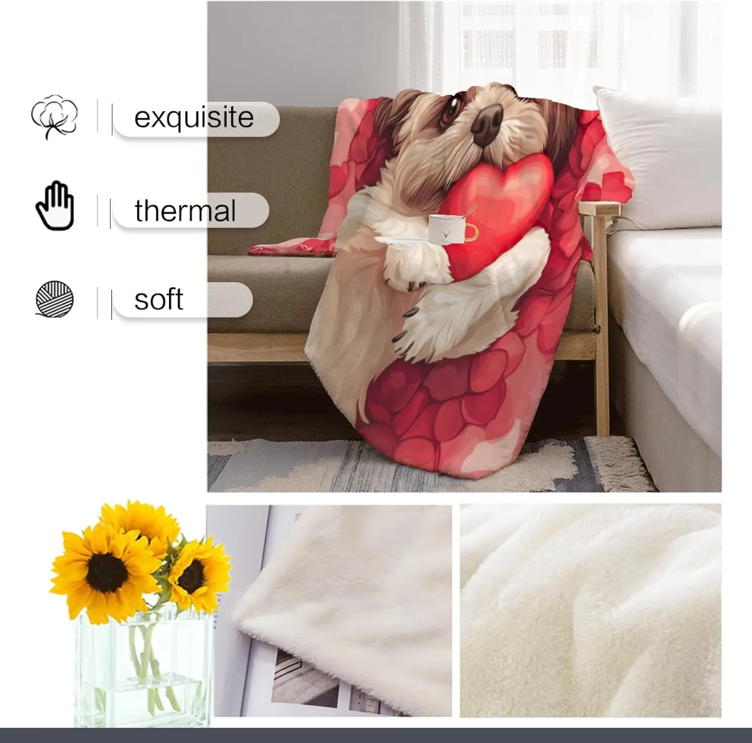 Shih Tzu Red Rose Throw Blanket, Red Heart Blanket, Cozy Plush Flannel Blanket for Couch Sofa Bedroom Decor and Travel, Valentine Women Girls Wife 50x60 Inch