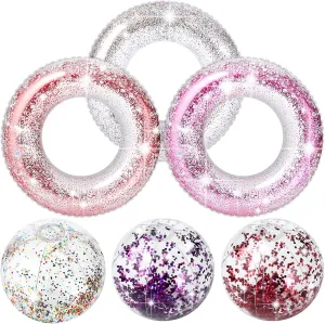 ShinyRelief 6 Pcs Pool Floats with Beach Balls 35'' Inflatable Transparent Glitters Pool Floats Tube Glitter Beach Balls Summer Beach Pool Tubes Floaties Rings Party Toys for Kids Adults Toddlers