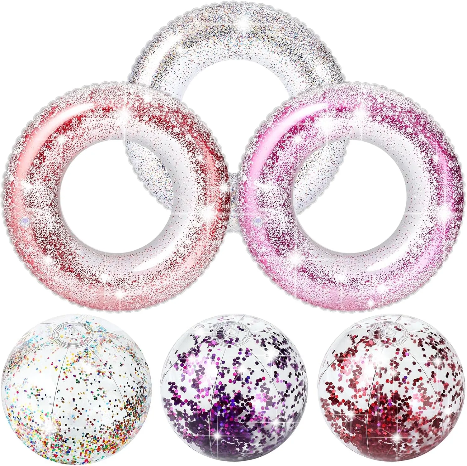 ShinyRelief 6 Pcs Pool Floats with Beach Balls 35'' Inflatable Transparent Glitters Pool Floats Tube Glitter Beach Balls Summer Beach Pool Tubes Floaties Rings Party Toys for Kids Adults Toddlers