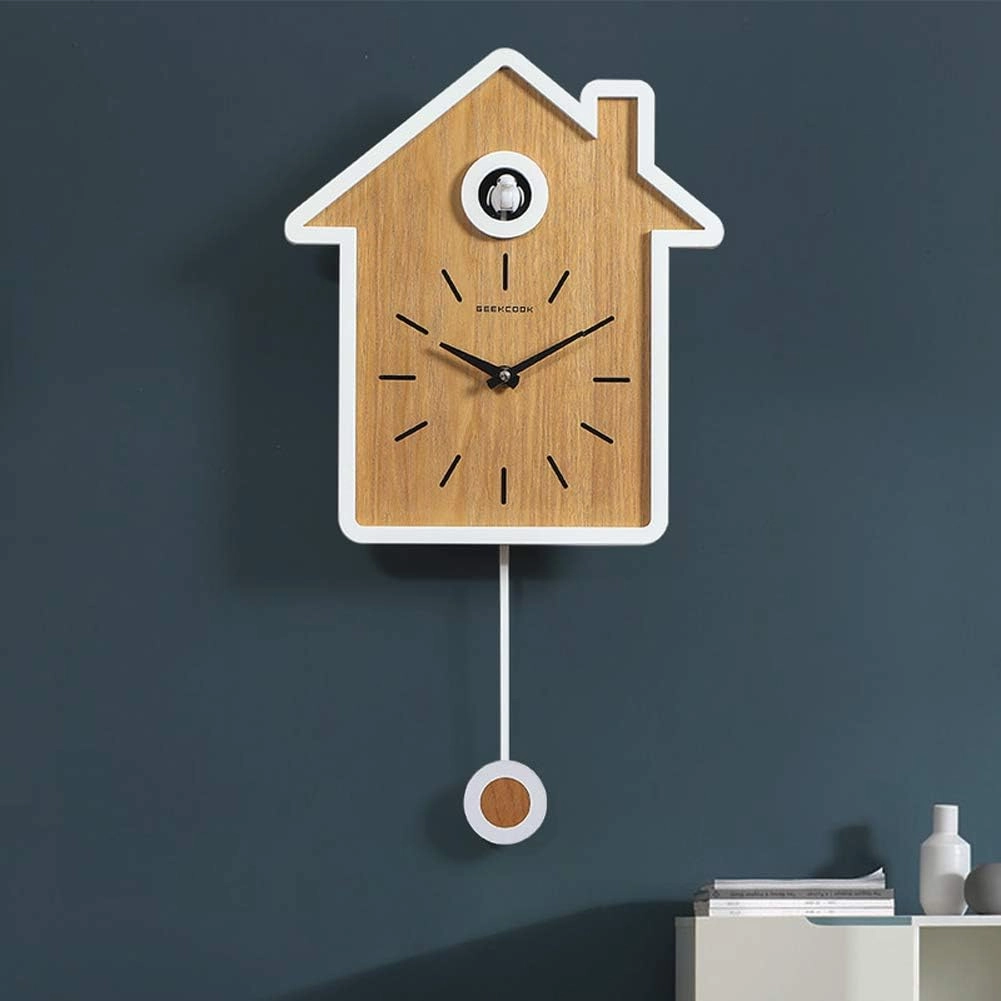 SHISEDECO Modern Cucu Wall Clock with Pendulum and Striking Small Cute Bird, Natural Cuckoo Call, Simple Fashion Wood Creative Unique Home Decoration for Living Room, Kitchen, Office (White)