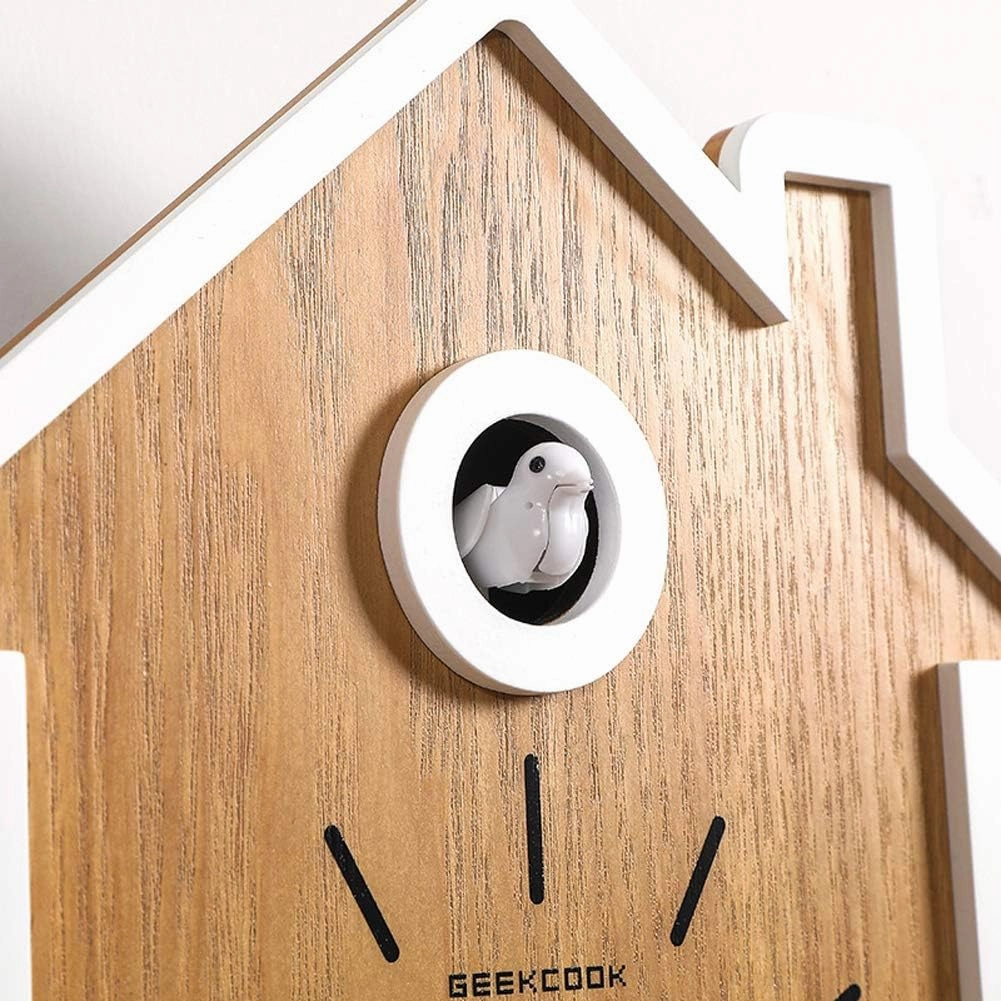 SHISEDECO Modern Cucu Wall Clock with Pendulum and Striking Small Cute Bird, Natural Cuckoo Call, Simple Fashion Wood Creative Unique Home Decoration for Living Room, Kitchen, Office (White)