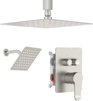 Shower Faucet Set Brushed Nickel Shower System, 2 Head Shower System 10 6" Rain Showerhead for Couples, Ceiling Mount Shower Fixtures with On Off Button Valve Body and Trim Kit Complete