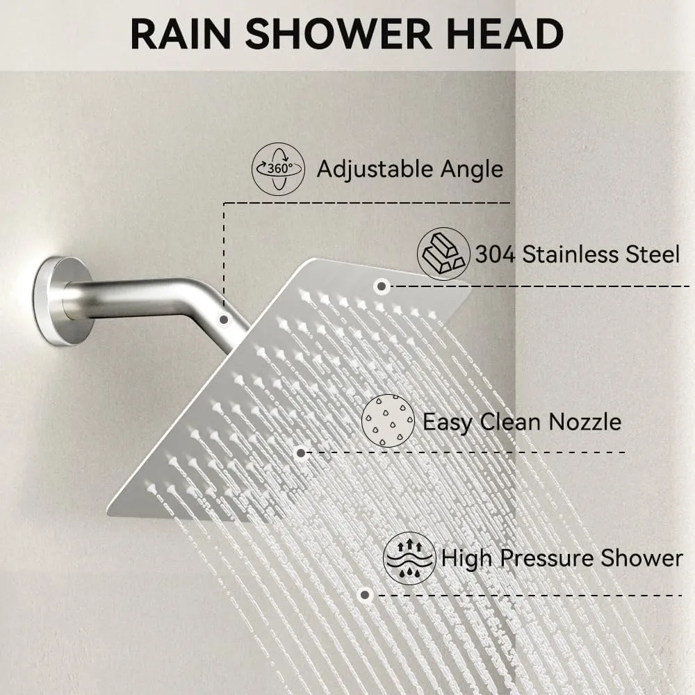 Shower Faucet Set Brushed Nickel Shower System, 2 Head Shower System 10 6" Rain Showerhead for Couples, Ceiling Mount Shower Fixtures with On Off Button Valve Body and Trim Kit Complete