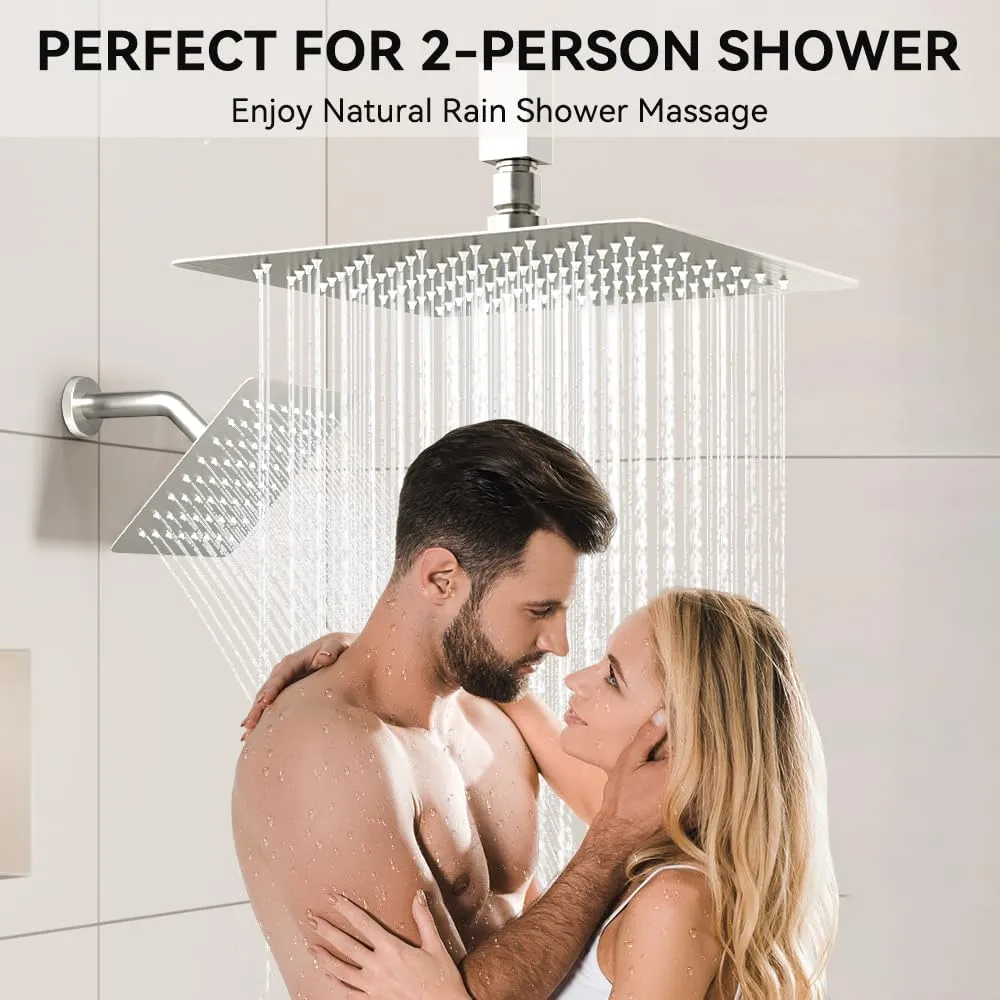 Shower Faucet Set Brushed Nickel Shower System, 2 Head Shower System 10 6" Rain Showerhead for Couples, Ceiling Mount Shower Fixtures with On Off Button Valve Body and Trim Kit Complete