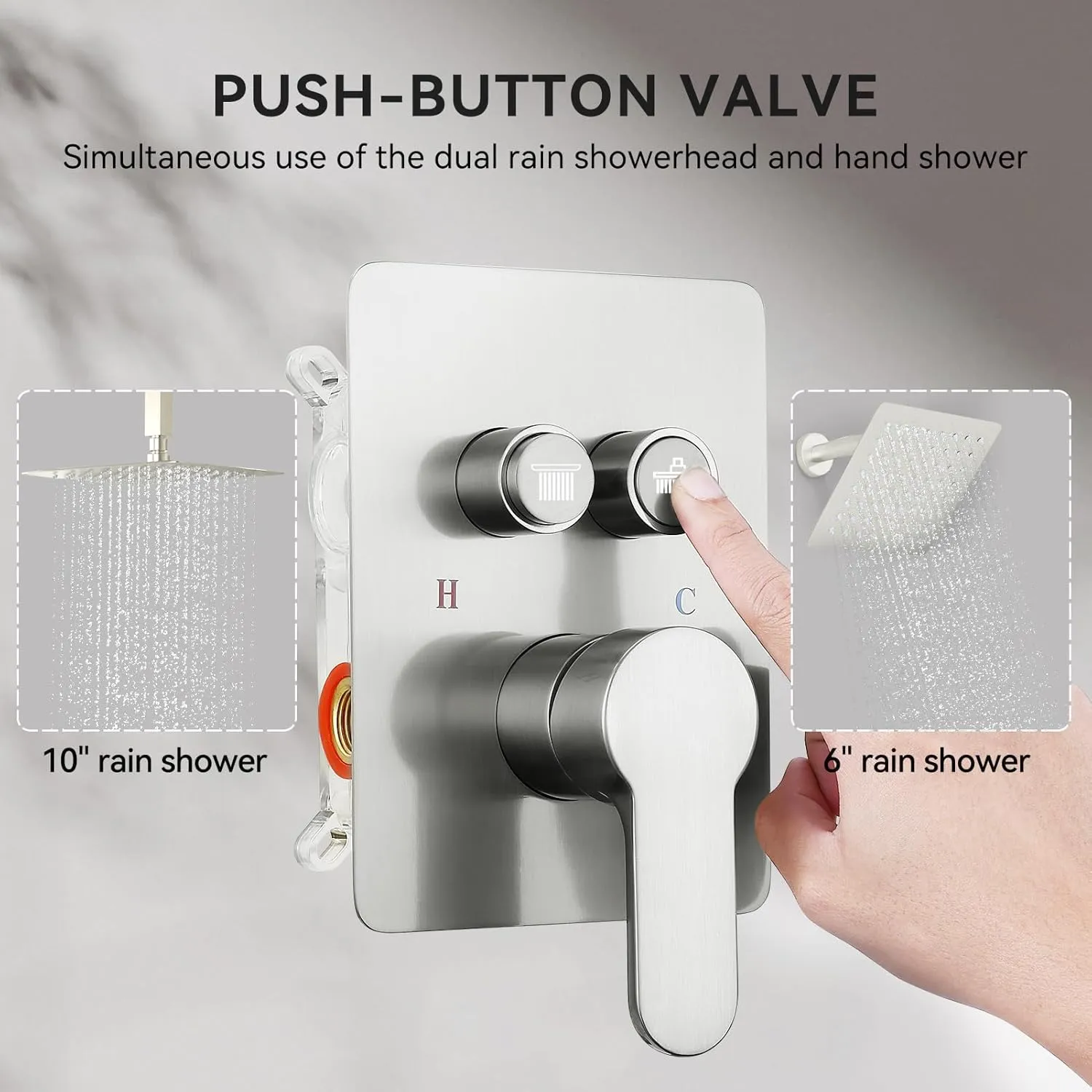Shower Faucet Set Brushed Nickel Shower System, 2 Head Shower System 10 6" Rain Showerhead for Couples, Ceiling Mount Shower Fixtures with On Off Button Valve Body and Trim Kit Complete