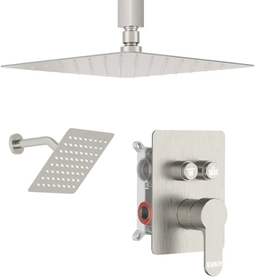 Shower Faucet Set Brushed Nickel Shower System, 2 Head Shower System 10 6" Rain Showerhead for Couples, Ceiling Mount Shower Fixtures with On Off Button Valve Body and Trim Kit Complete
