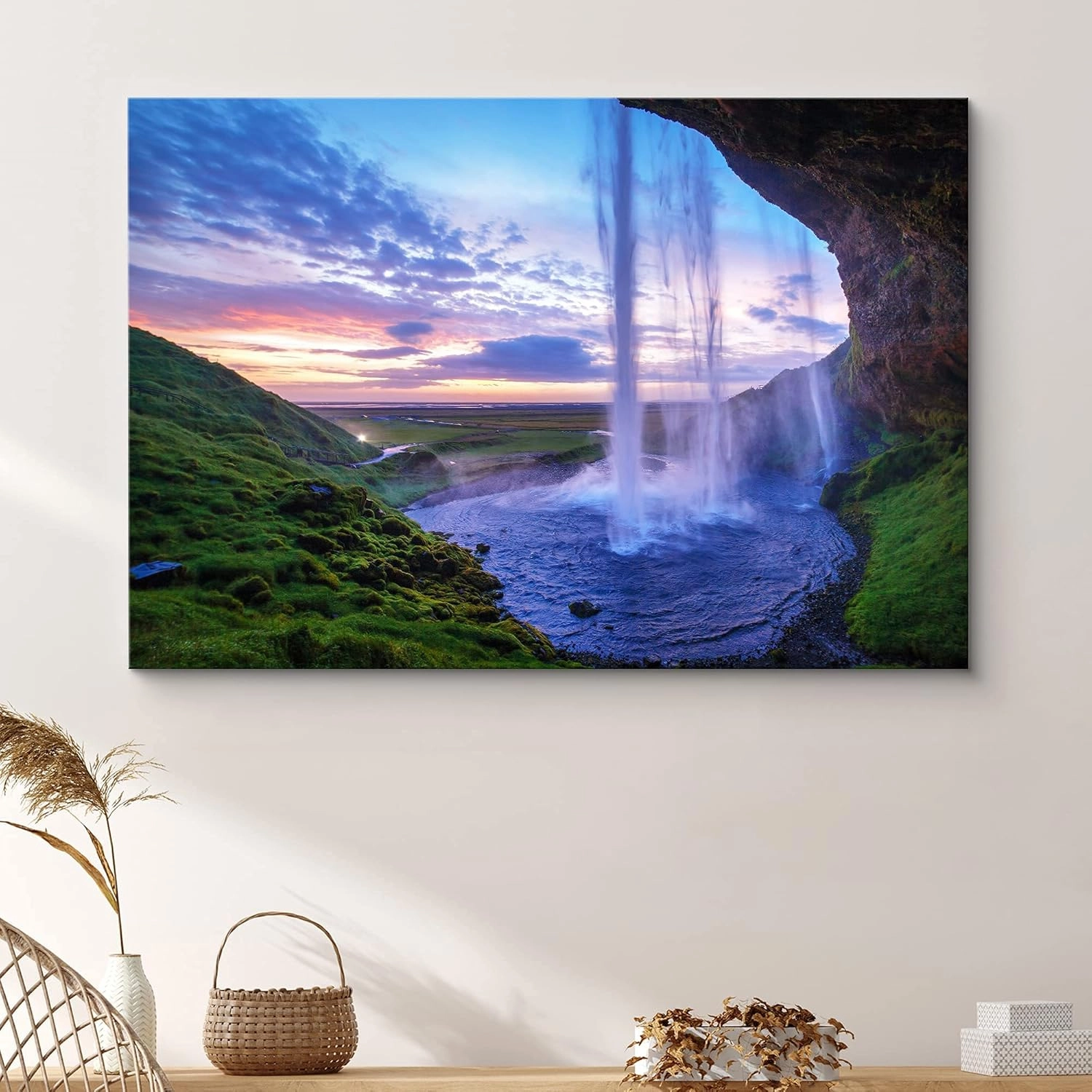 SIGNFORD Canvas Print Wall Art Waterfall Pool at Sunset Nature Wilderness Photography Realism Rustic Landscape Colorful Multicolor for Living Room, Bedroom, Office - 16"x24"