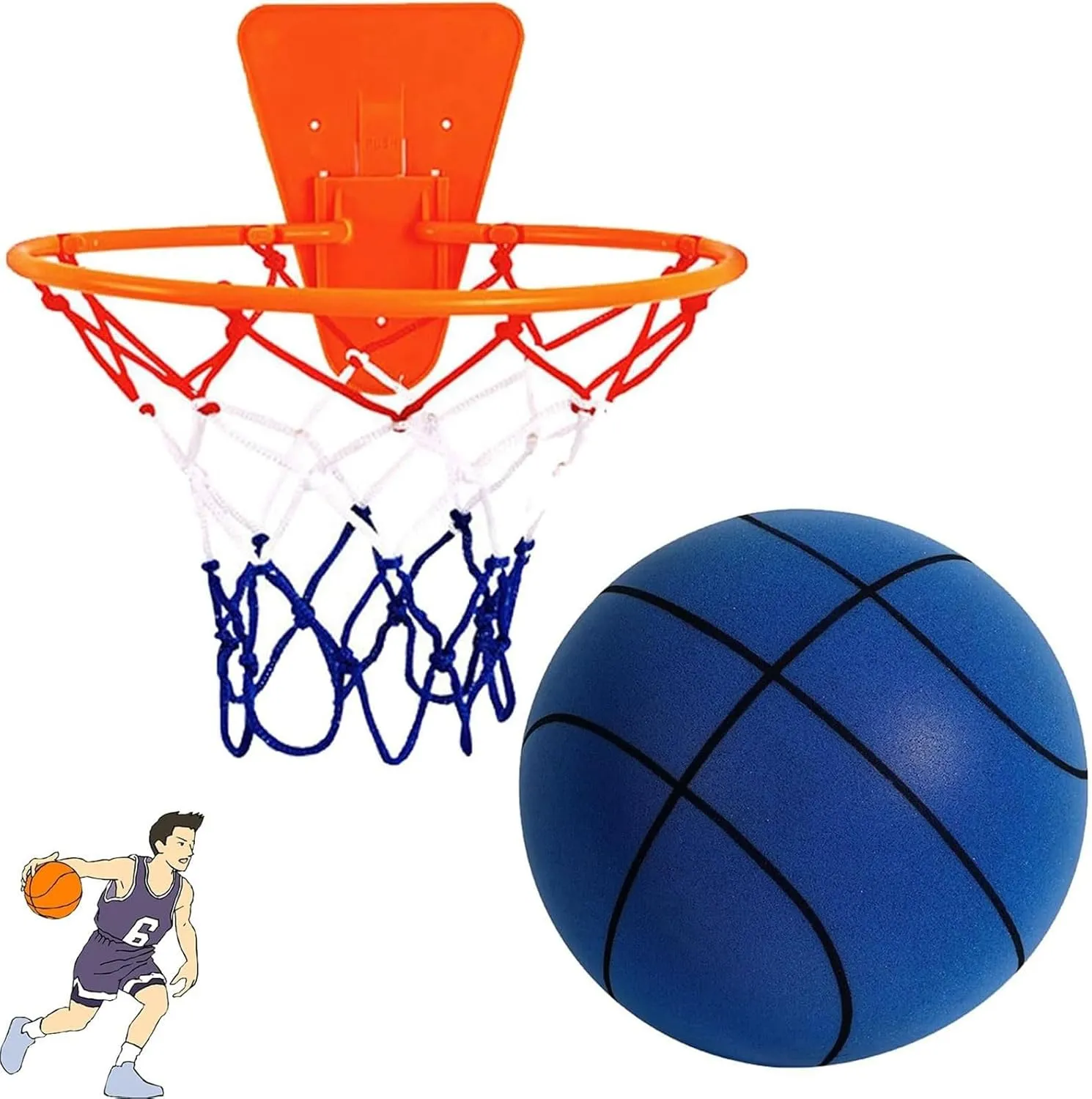 Silent Basketball and Hoop Set, Silent Basketball Dribbling Indoor, Quiet Basketball Dribbling No Noise, with Adjustable Rim, for Home Gym/Apartment Use(Blue,L:9.5IN/24CM)