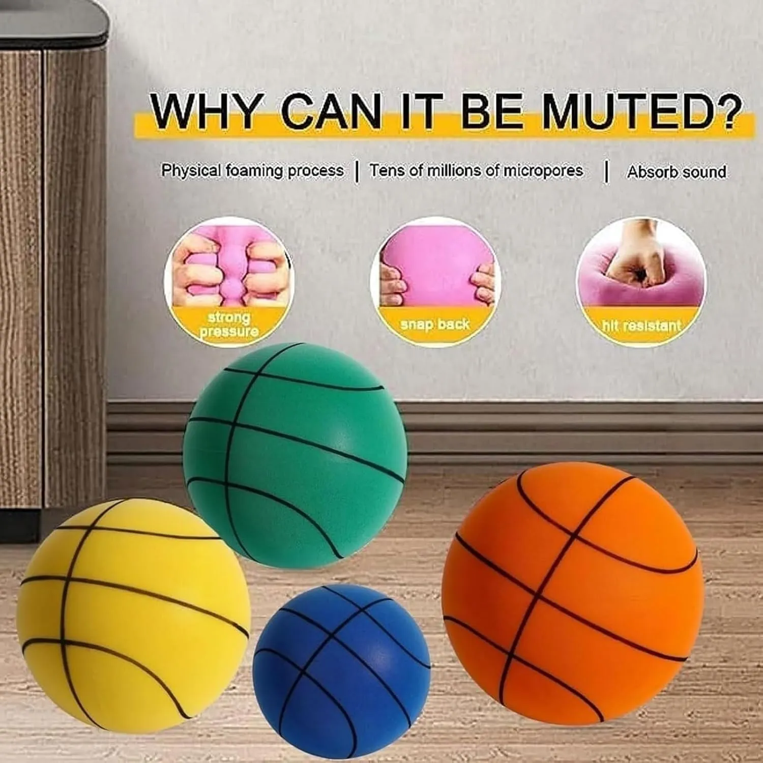 Silent Basketball and Hoop Set, Silent Basketball Dribbling Indoor, Quiet Basketball Dribbling No Noise, with Adjustable Rim, for Home Gym/Apartment Use(Blue,L:9.5IN/24CM)