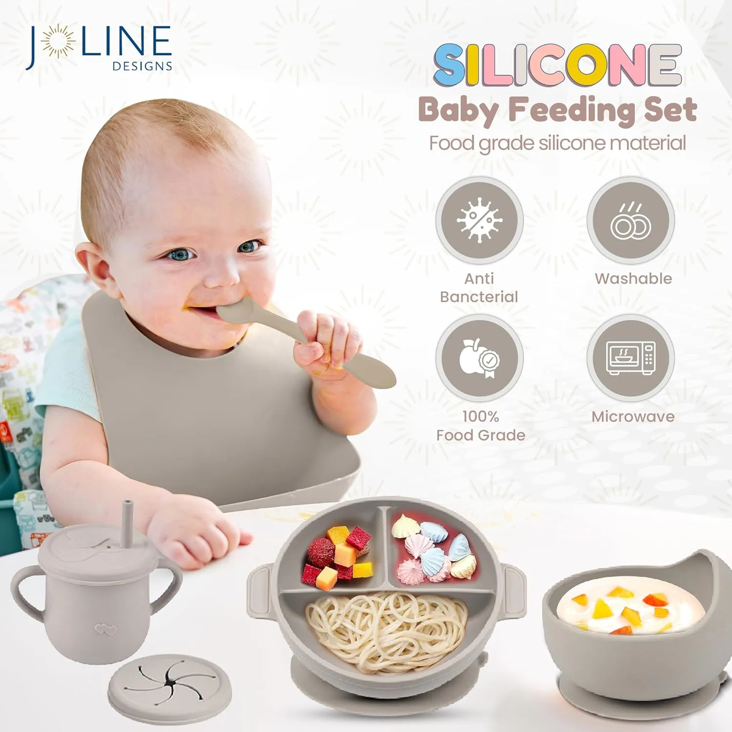 Silicone Baby Feeding Set - Perfect silicone plates for baby & Toddler Plates with lids, Baby Bowls with Suction, Baby Utensils - Baby Led Weaning Supplies & Eating Essentials - (Gray)
