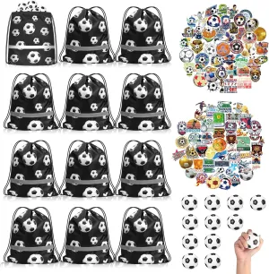 Silkfly 124 Pcs Soccer Party Favors Set for Boys Kids 12 Soccer Party Drawstring Bags Treat Bags 12 Mini Squeezable Football Balls 100 Stickers Gift for Football team Sport Supplies