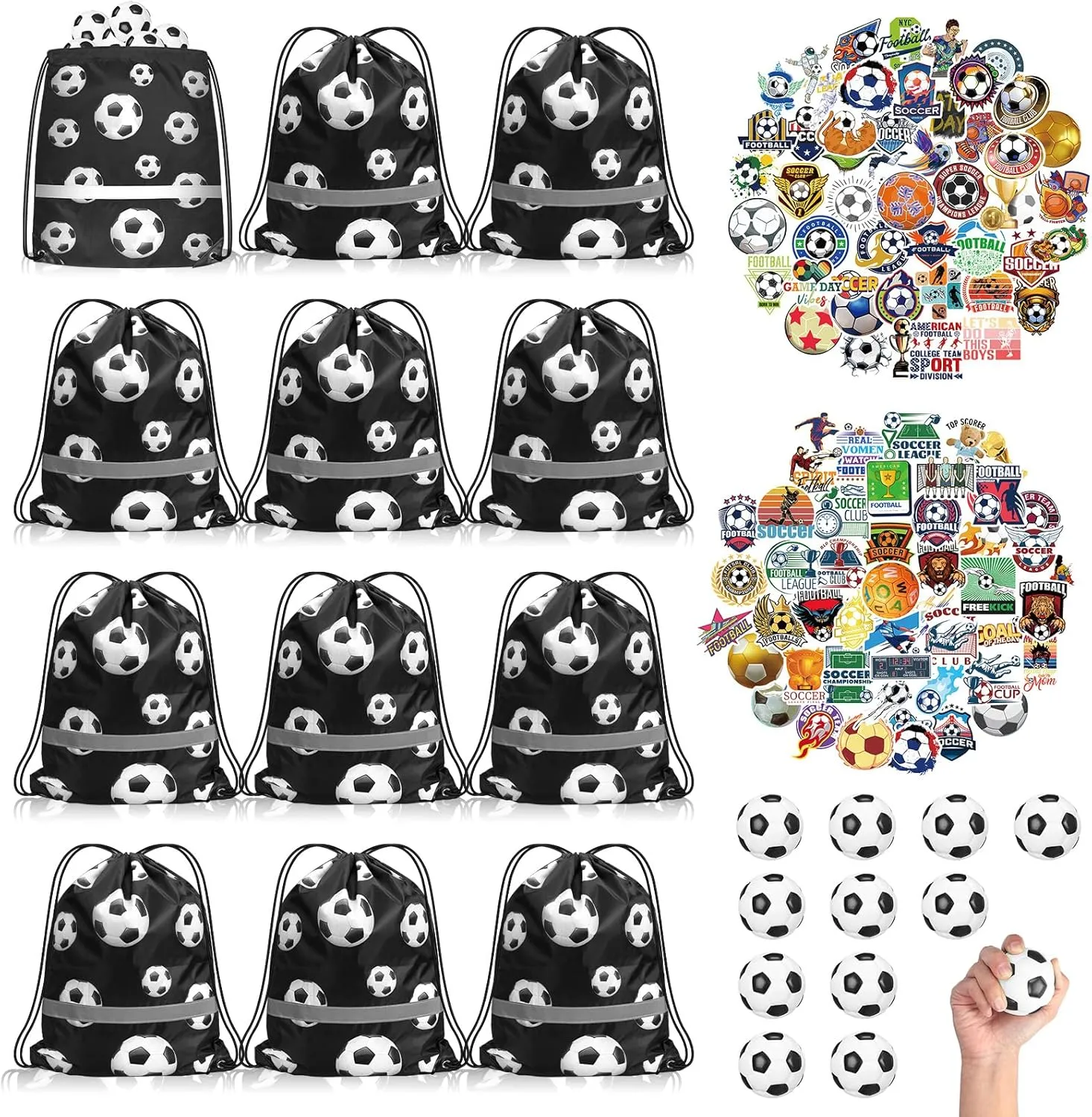 Silkfly 124 Pcs Soccer Party Favors Set for Boys Kids 12 Soccer Party Drawstring Bags Treat Bags 12 Mini Squeezable Football Balls 100 Stickers Gift for Football team Sport Supplies