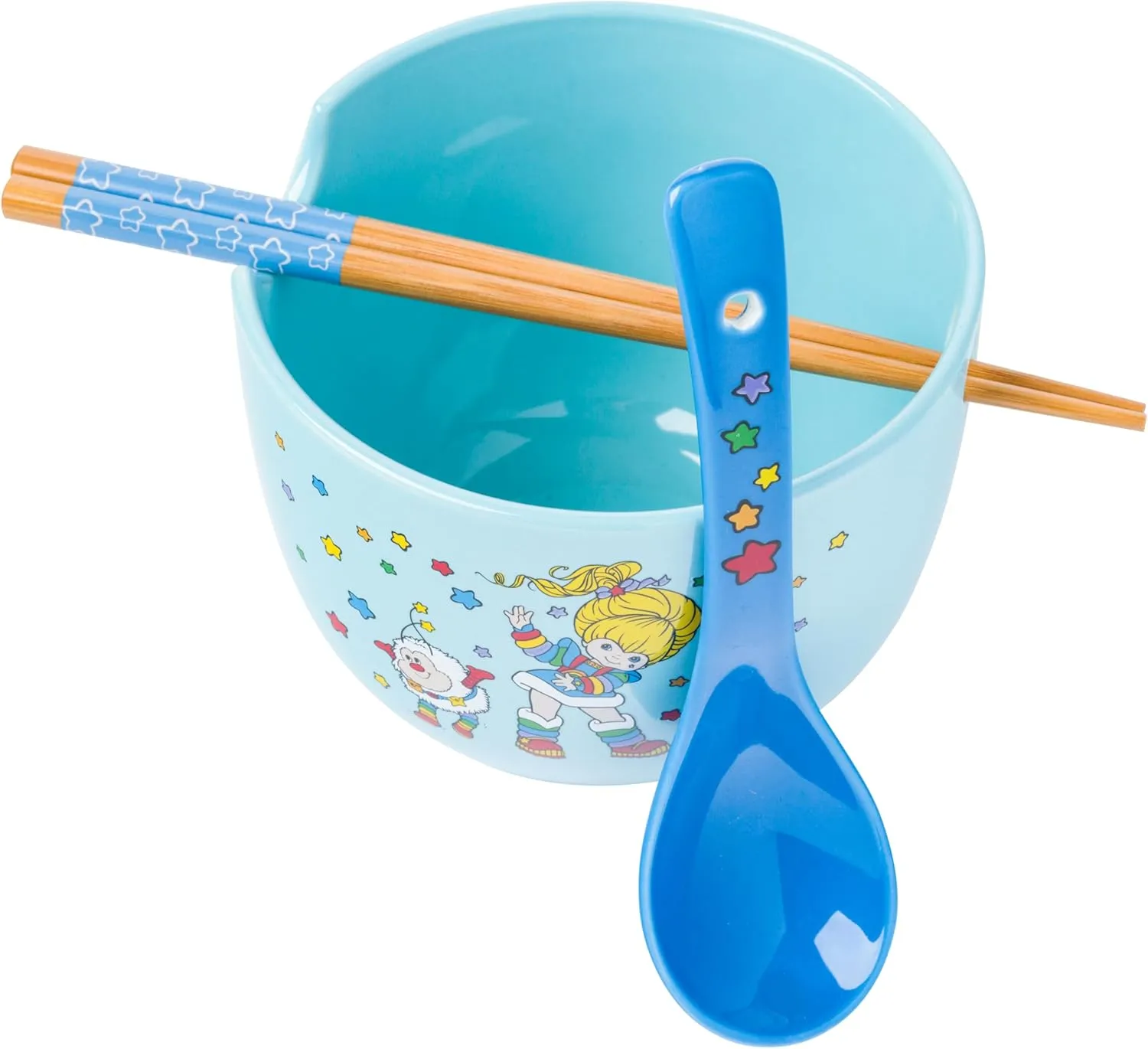 Silver Buffalo Rainbow Brite and Twink Ceramic Ramen Noodle Rice Bowl with Chopsticks and Spoon, Microwave Safe, 20 Ounces