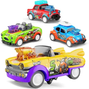 SJIDA Car Toys for Toddler 3-5, Jumping Cars for Toddlers, Front-End Rocking Vintage Sports Car, 4-Piece Truck Toy for Kids 3-5 Years Old, Christmas Birthday Gifts