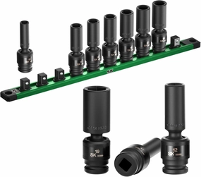 SK 3/8" Drive Universal Impact Socket Set, Deep Swivel Impact sockets, Metric, 10-Piece, 10-19 mm, Premium CR-MO Steel, SureGrip 6 Point Design, With Storage Rail