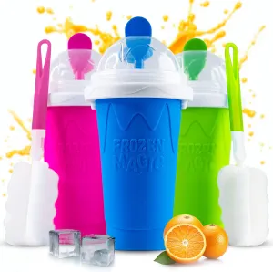 Slushie Cups Set of 3 - Slushy Cup with Lid, 2 in 1 Straw & Spoon and Cleaning Brush - Frozen Magic Slushy Squeeze Cup - Slushie Cups in Pink, Blue and Green
