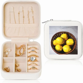 Small Leather Jewelry Case Portable Mini Travel Jewelry Box Organizer Storage One Basket Lemons Print White