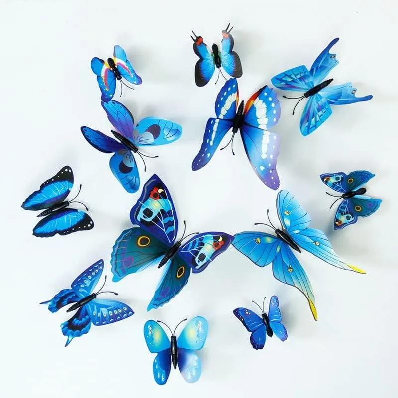SMART WINDOW Blue 3D Magnet Butterefly Self Adhesive Home Décor Wall Sticker Butterfly Sticker Sheet (16 x 13 Cm, Set of 12)