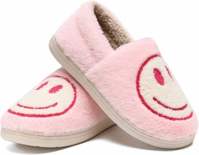 Smile Face Slippers,Retro Soft Plush Smile Fleece Lined House Shoes for Women Fuzzy Memory Foam Closed Back Slippers Anti Skid TPR Soft Sole