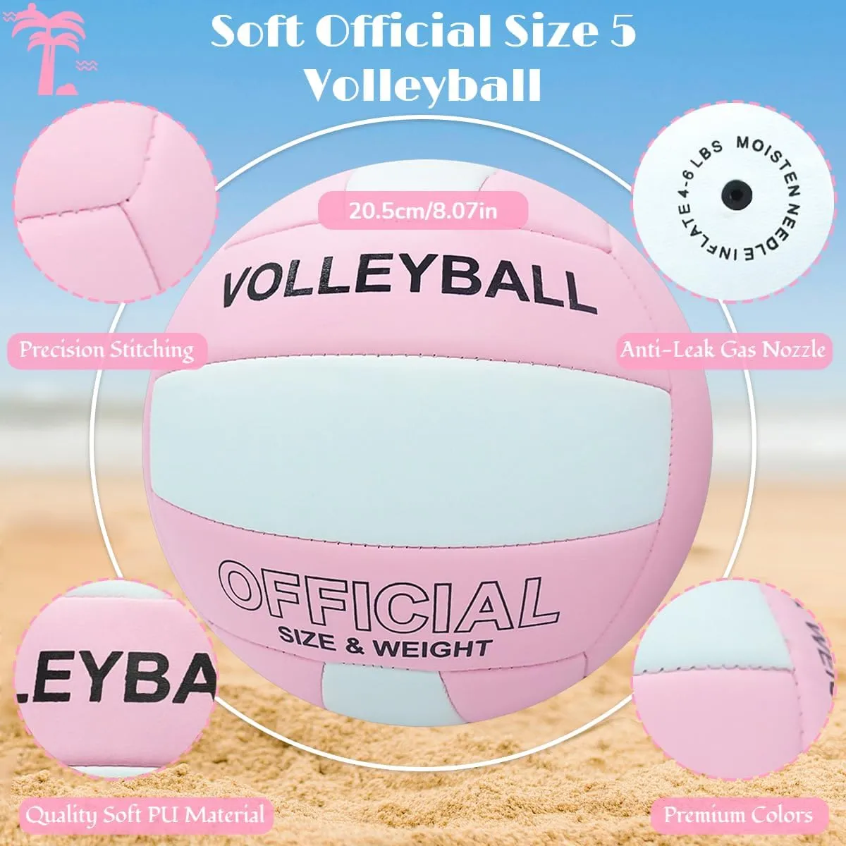 Soft Volleyball Official Size 5 for Indoor Outdoor Beach Pool Gym Training, 1 Volleyball with 1 Pump & 2 Air Needles for Girls Boys Beginner Teenager Adult