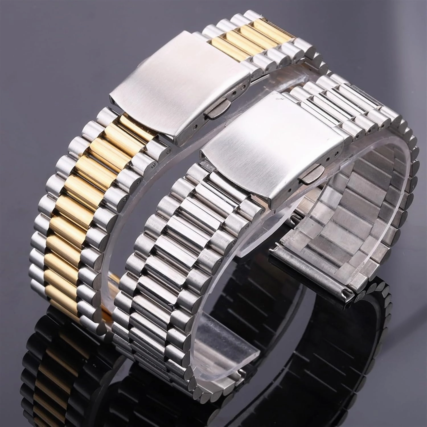 Solid Stainless Steel Bracelet Strap Silver Gold Watchband 14mm 16mm 18mm 20mm Metal Double Clasp Men Women Watch Band