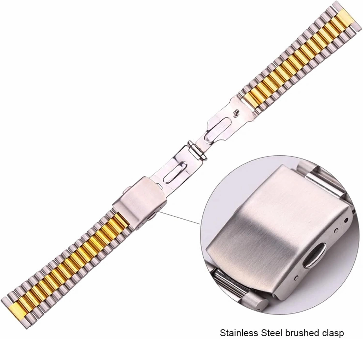 Solid Stainless Steel Bracelet Strap Silver Gold Watchband 14mm 16mm 18mm 20mm Metal Double Clasp Men Women Watch Band
