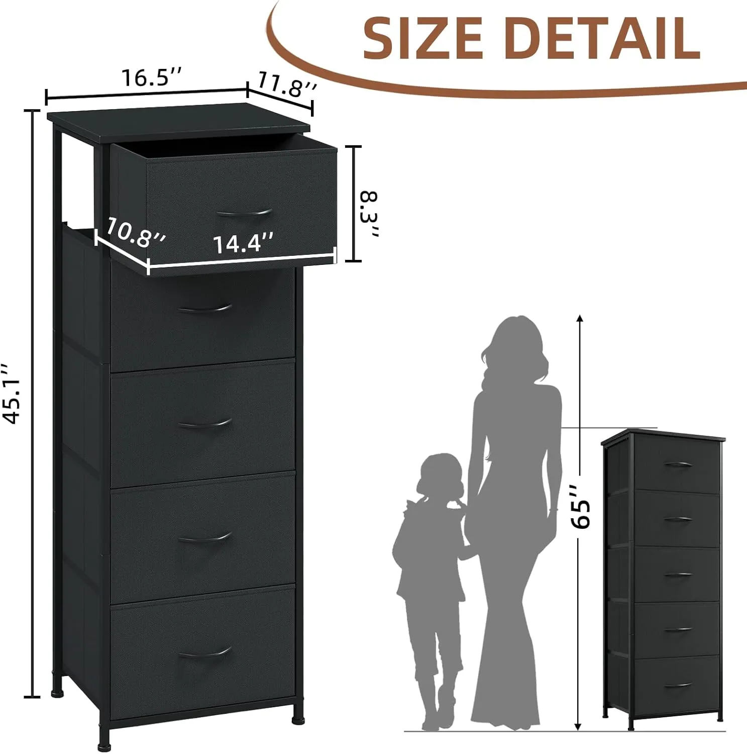 Somdot Tall Dresser for Bedroom with 5 Drawers, Storage Organizer Chest of Drawers with Removable Fabric Bins for Closet Bedside Nursery Laundry Living Room Entryway Hallway, Black