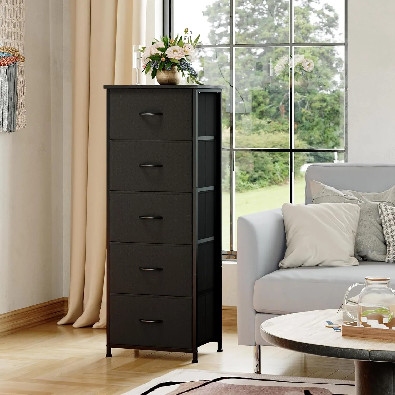 Somdot Tall Dresser for Bedroom with 5 Drawers, Storage Organizer Chest of Drawers with Removable Fabric Bins for Closet Bedside Nursery Laundry Living Room Entryway Hallway, Black