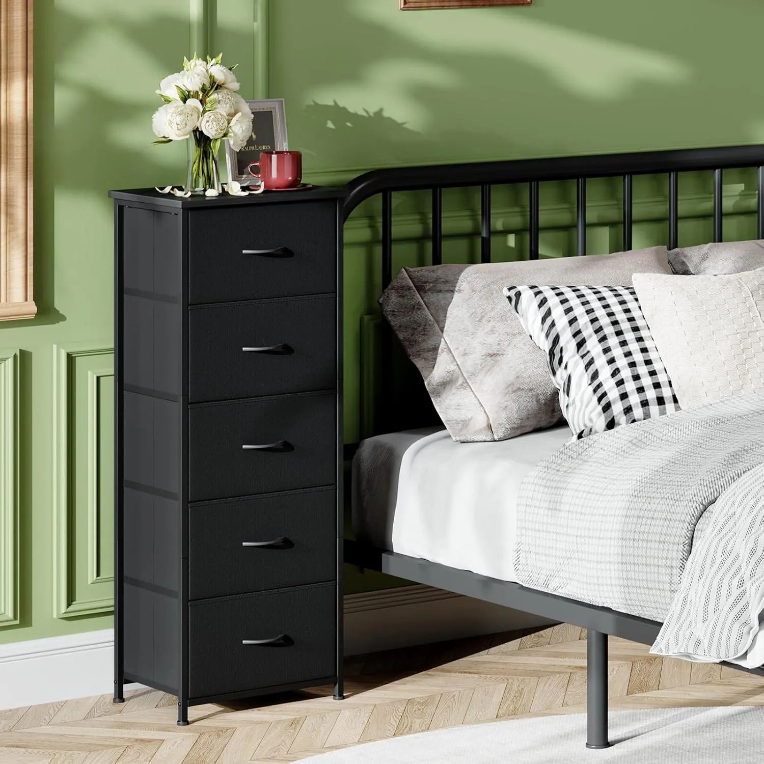 Somdot Tall Dresser for Bedroom with 5 Drawers, Storage Organizer Chest of Drawers with Removable Fabric Bins for Closet Bedside Nursery Laundry Living Room Entryway Hallway, Black