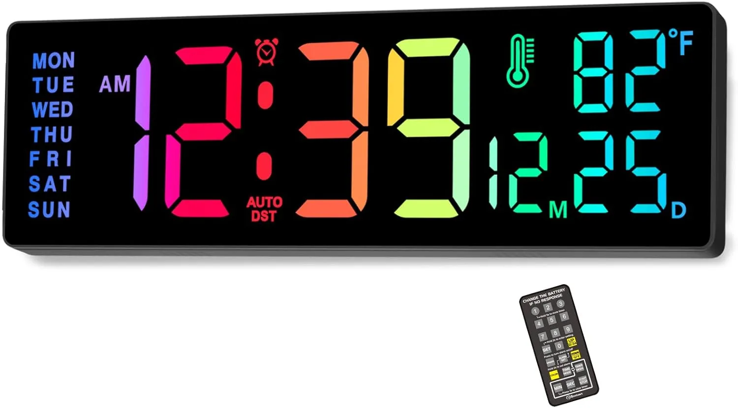 Soobest 14.2" Large Display Digital Wall Clock with Date Day of Week Temp Timer, Electric 8-in-1 Color Changing Big LED Clock for Elderly Seniors, Auto DST, Remote Control for Living Room Home Gym