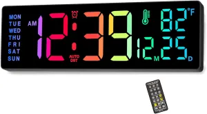 Soobest 14.2" Large Display Digital Wall Clock with Date Day of Week Temp Timer, Electric 8-in-1 Color Changing Big LED Clock for Elderly Seniors, Auto DST, Remote Control for Living Room Home Gym