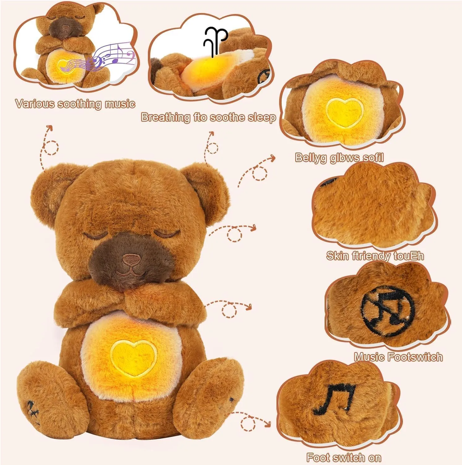 Soothe Snuggle Bear Plush, Soothing Breathing Bear Stuffed Animal for Anxiety Adults and Kids, Sleeping Bear Plushies with Realistic Breathing Motion and Lights Music (Bear)