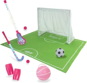 Sophia's Complete Lacrosse, Field Hockey, Soccer, & Basketball Sports Equipment Playset with Turf Mat & Goal for 18” Dolls, Pink/Green