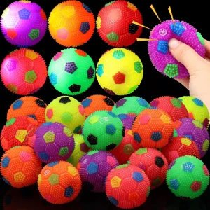 Sotiff 18 Pcs Light up Balls Soccer LED Bouncy Stress Relief Football Rubber Spiky Squeaky Sensory Flashing Ball for Carnival Prizes Bulk Party Favors Easter Goodie Bag Grad Gift(Football)