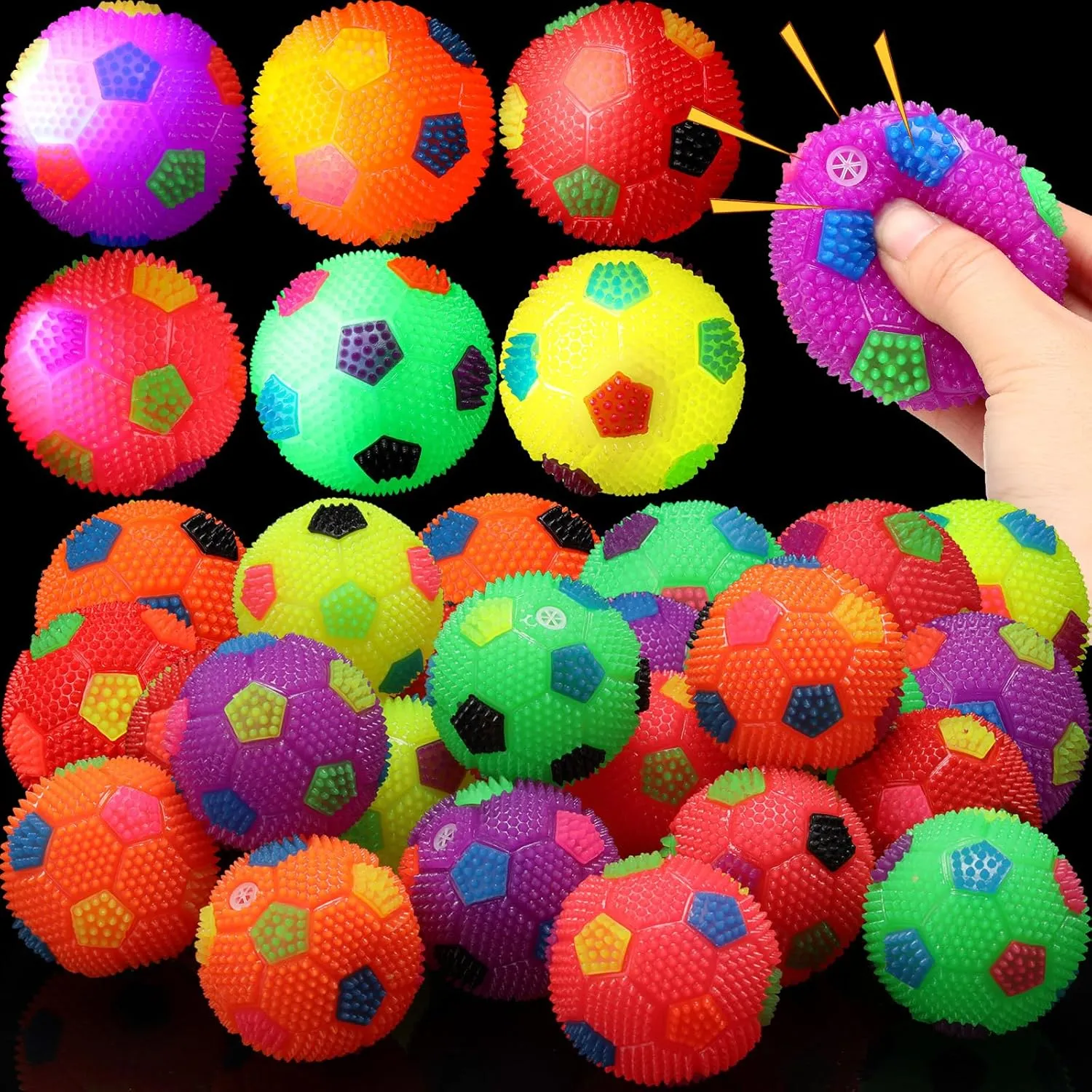 Sotiff 18 Pcs Light up Balls Soccer LED Bouncy Stress Relief Football Rubber Spiky Squeaky Sensory Flashing Ball for Carnival Prizes Bulk Party Favors Easter Goodie Bag Grad Gift(Football)