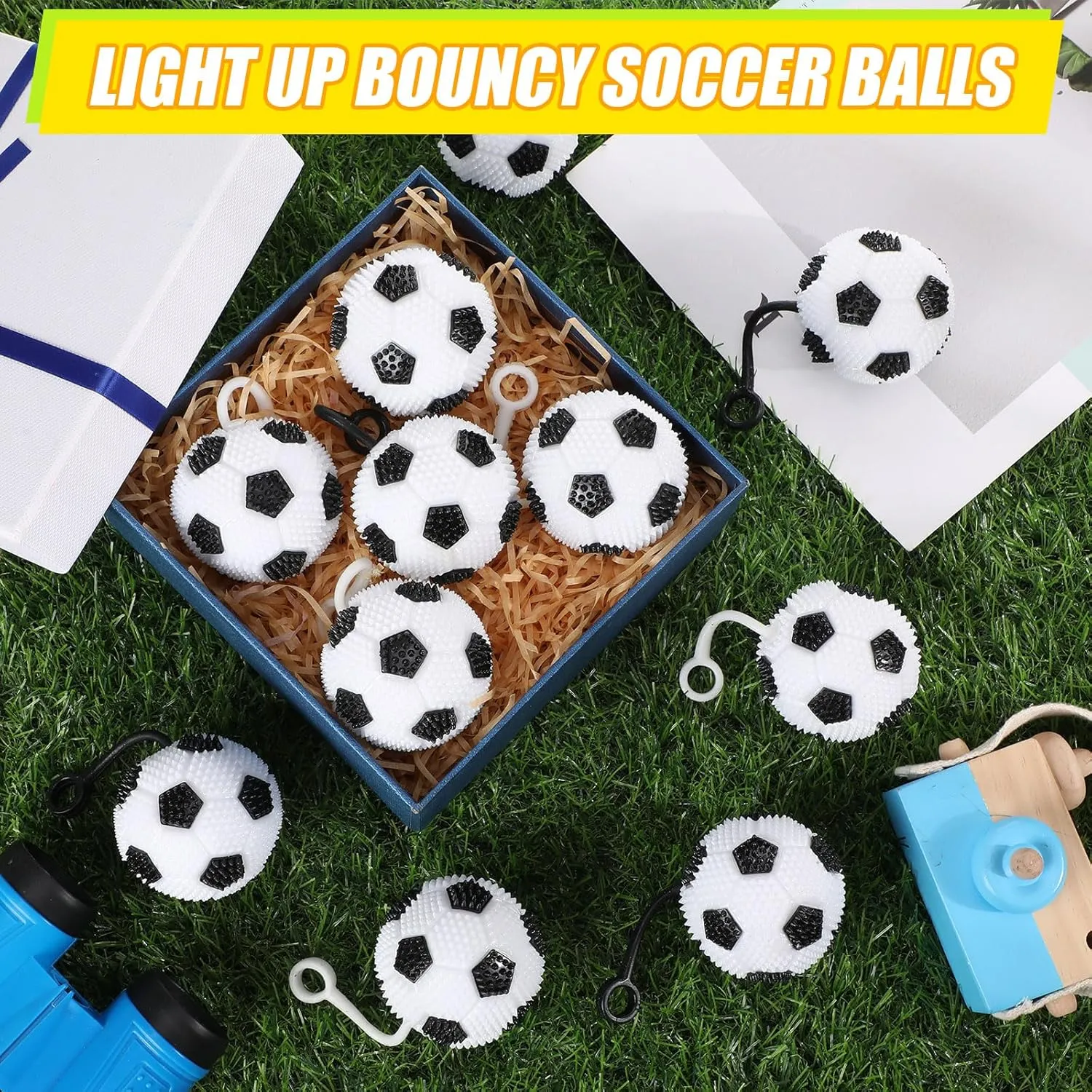 Sotiff 60 Pcs Light up Stress Soccer Ball Bulk Bouncy LED Flashing Squeaky Ball with Rope Rubber for Sensory Toys Carnival Boys Girls Gifts Birthday Glowing Party Favors Easter Goodie Bag Grad Gift