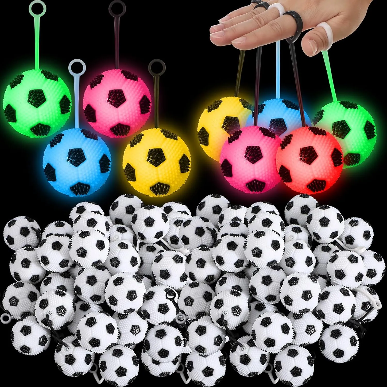 Sotiff 60 Pcs Light up Stress Soccer Ball Bulk Bouncy LED Flashing Squeaky Ball with Rope Rubber for Sensory Toys Carnival Boys Girls Gifts Birthday Glowing Party Favors Easter Goodie Bag Grad Gift