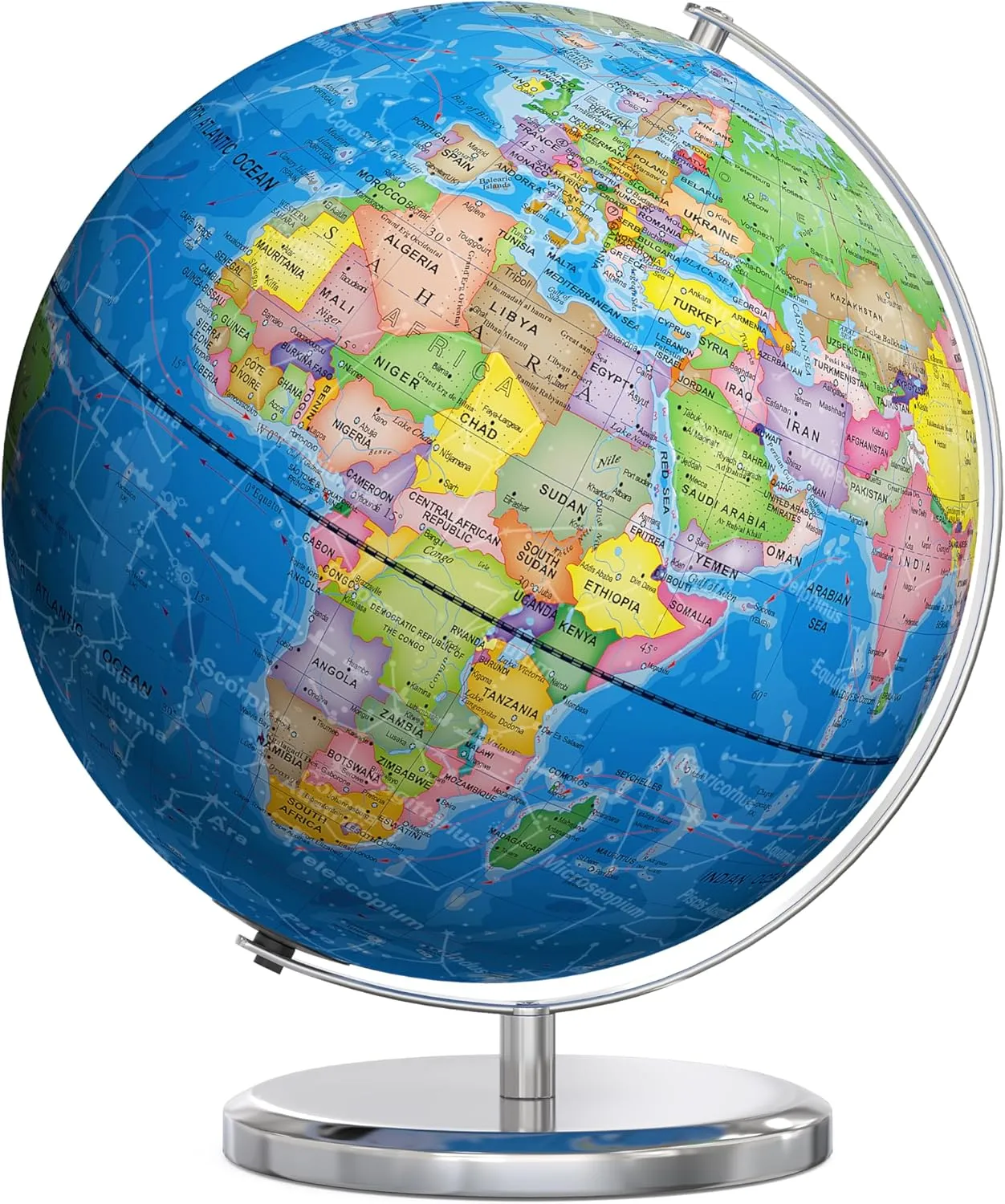 SOUNDANCE 13 Inch World Globe with Stable Heavy Metal Base, Educational Globe for Kids Learning, Large Globe Lamp with Colorful HD World Map Details, Constellation, Blue