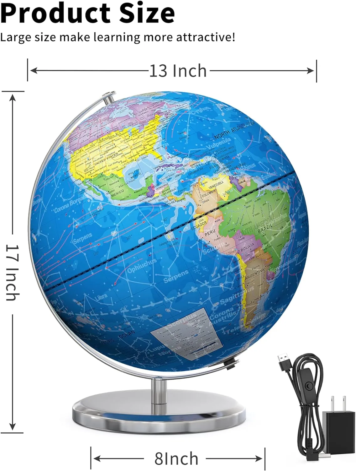 SOUNDANCE 13 Inch World Globe with Stable Heavy Metal Base, Educational Globe for Kids Learning, Large Globe Lamp with Colorful HD World Map Details, Constellation, Blue