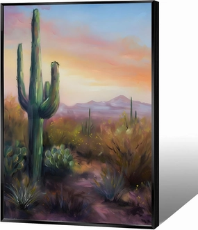 Southwestern Desert Wall Art, Saguaro Cactus Framed Poster Canvas, Arizona Succulent In the Oasis Painting, Colorful Plant Landscape Picture Print for Men's Bedroom Living Room Decor 12x16 Inch