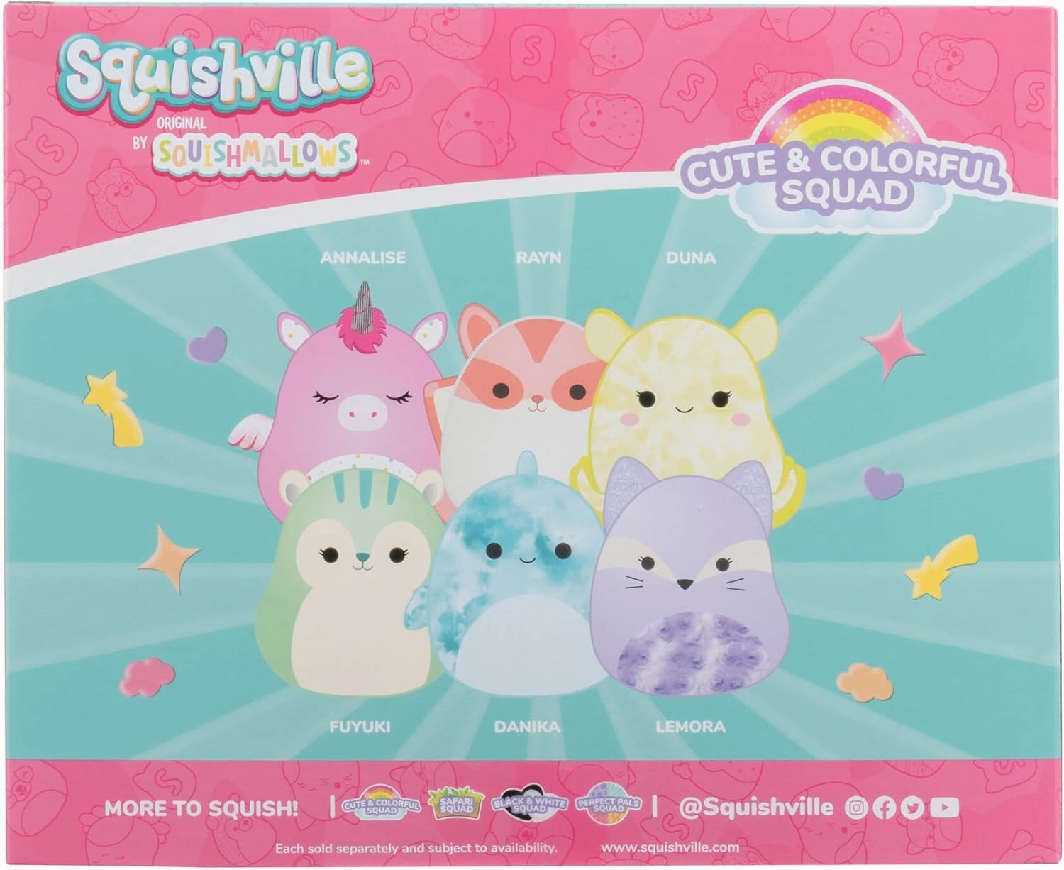 Squishville by Original Squishmallows Cute & Colorful Squad Plush - Six 2-Inch Squishmallows Plush Including Annalise, Duna, Fuyuki, Danika, Lemora, and Rayn - Toys for Kids