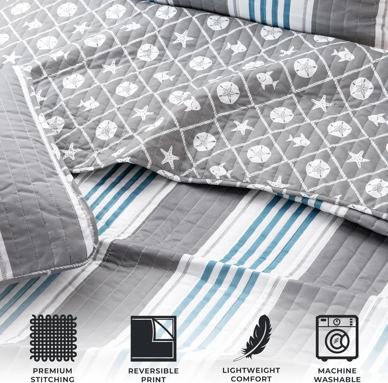 St. Croix Coastal Quilt Bedding Set, 3-Piece Reversible All Season Bedspread with Shams. Lightweight Nautical Quilted Coverlet. Blue/Grey