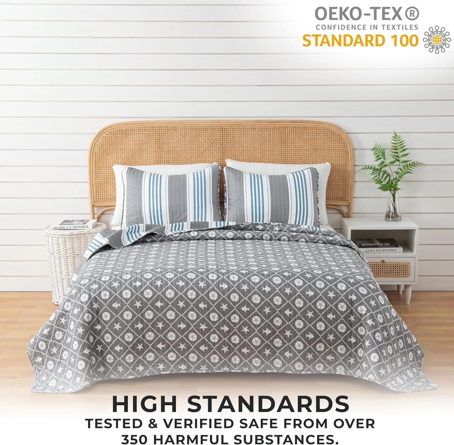 St. Croix Coastal Quilt Bedding Set, 3-Piece Reversible All Season Bedspread with Shams. Lightweight Nautical Quilted Coverlet. Blue/Grey