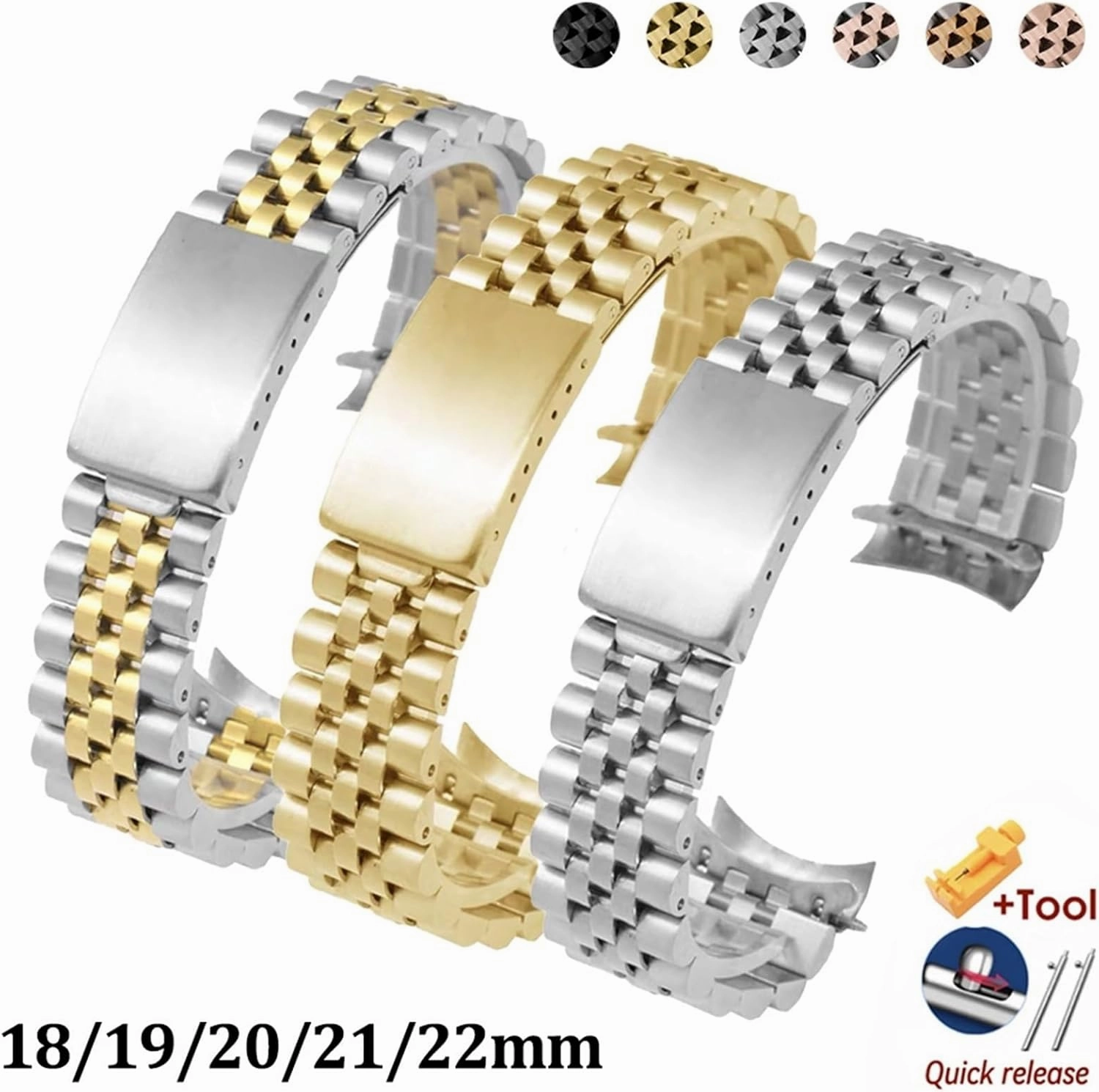 Stainless Steel Watch Band Metal Folding Buckle Wristband 18mm20mm Universal Men's Women's Bracelet Suitable for Smart Watch Quartz Watch