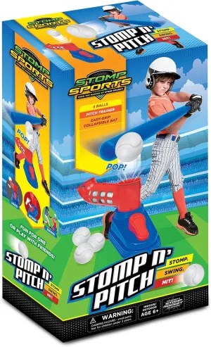 Stomp Rocket Stomp N Pitch Baseball Pitching Machine for Kids - Baseball Training Machines for Boys & Girls with Collapsible Bat, Launcher & 5 Balls - Outdoor Sports Gear & Toys - 6  Year Olds