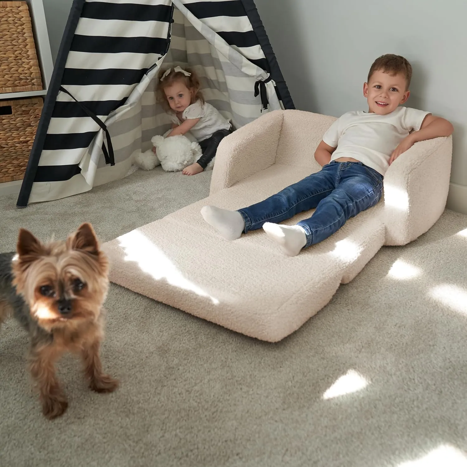 Sturdy Kids Couch and Chair for Fun Play Time or Comfy Lounging - The Perfect 2 in 1 Toddler Sofa Easily Unfolds Into a Super Soft Lounger - Modern Fold Out Chair for Babies Fits Nicely with Any Decor