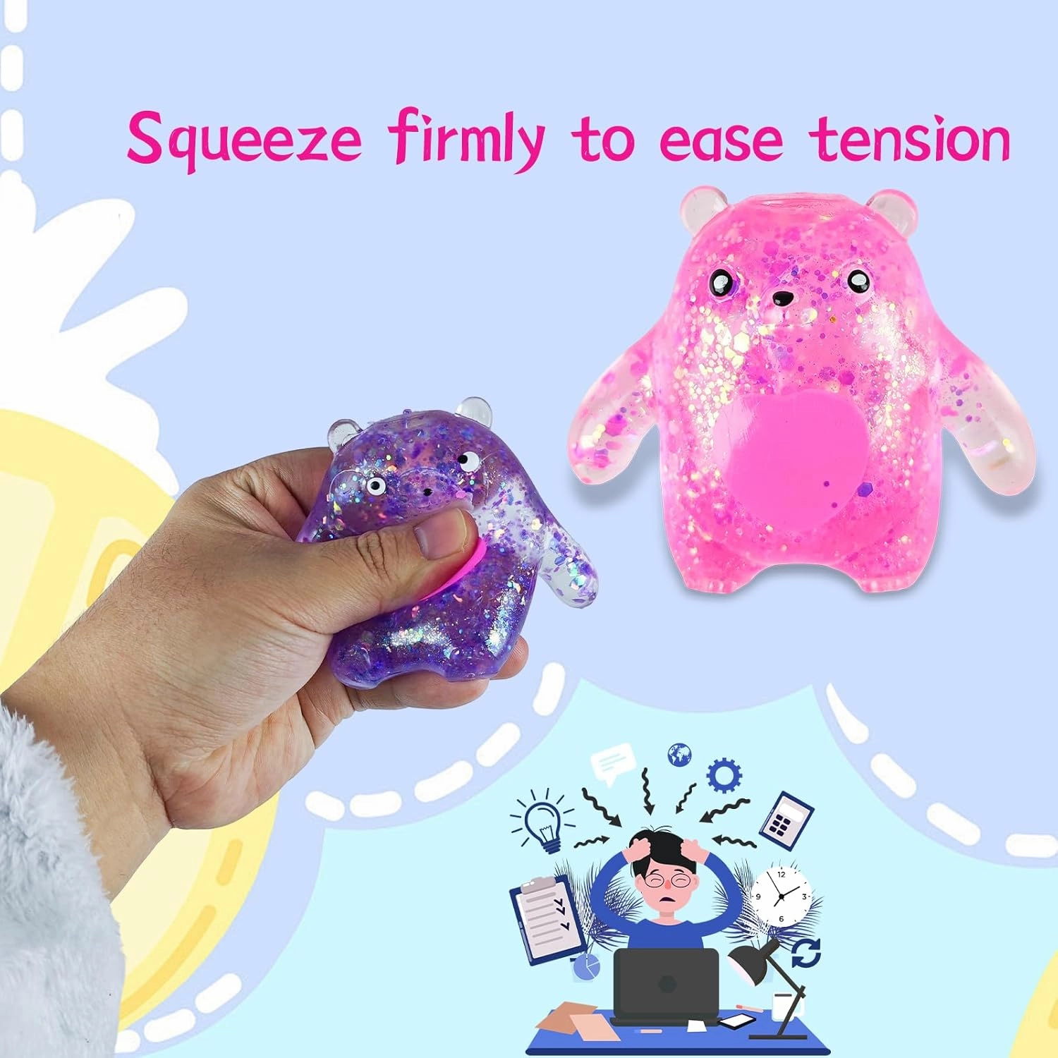 Sugar Ball Stress Relief Squeeze Toys - Fun Sensory Fidget Toys Perfect Party Favors, Gifts, and Relaxation Toys for Kids and Adults (6 Set Bear)