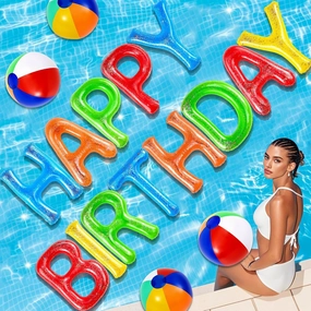 Sumind 17 Pcs 20'' Happy Birthday Inflatable Letter Pool Float with Rainbow Inflatable Beach Ball and Adhesive Dots for Summer Birthday Party Swimming Pool Water Beach Party Decorations