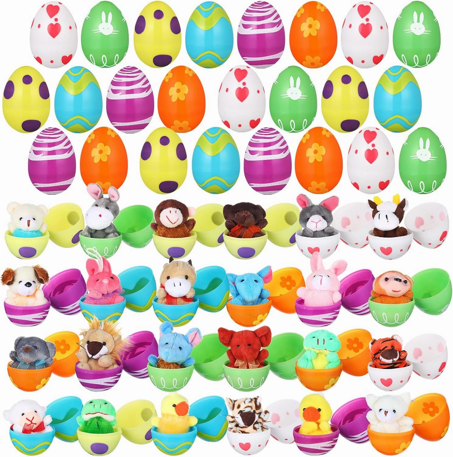 Sumind 48 Pieces Easter Eggs DIY Prefilled with Plush Animals, 3 Inch Plastic Easter Eggs with Stuffed Animals for Easter Party Hunt Game Basket Surprise Bunny Animal Toys(Animal)