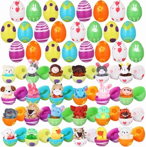 Sumind 48 Pieces Easter Eggs DIY Prefilled with Plush Animals, 3 Inch Plastic Easter Eggs with Stuffed Animals for Easter Party Hunt Game Basket Surprise Bunny Animal Toys(Animal)